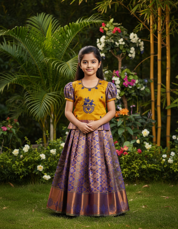 Kids pattu pavadai set with mustard yellow top and purple bridal silk skirt from Sri Thulir Tex