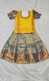 Kids Mustard Yellow Top with Blue Bridal Silk Pattu Pavadai Set