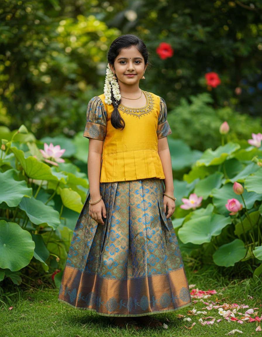 Kids Mustard Yellow Top with Blue Bridal Silk Pattu Pavadai Set