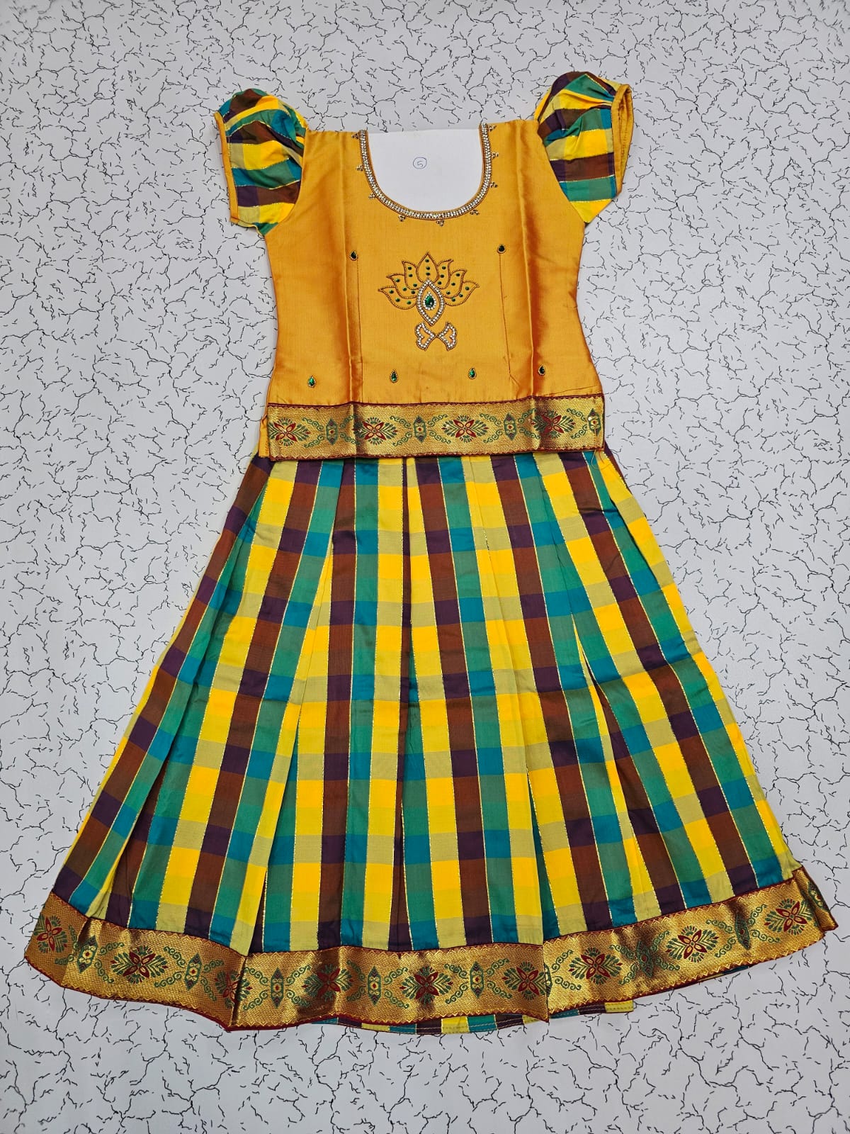 Kids mustard yellow top with brown teal yellow Palum Palam checked skirt pattu pavadai – Sri Thulir Tex