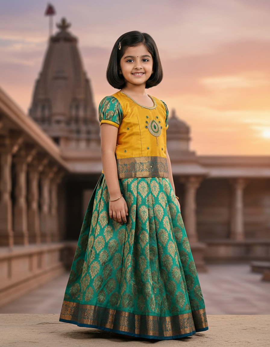 Kids pattu pavadai set with mustard yellow top and green bridal silk skirt – Sri Thulir Tex