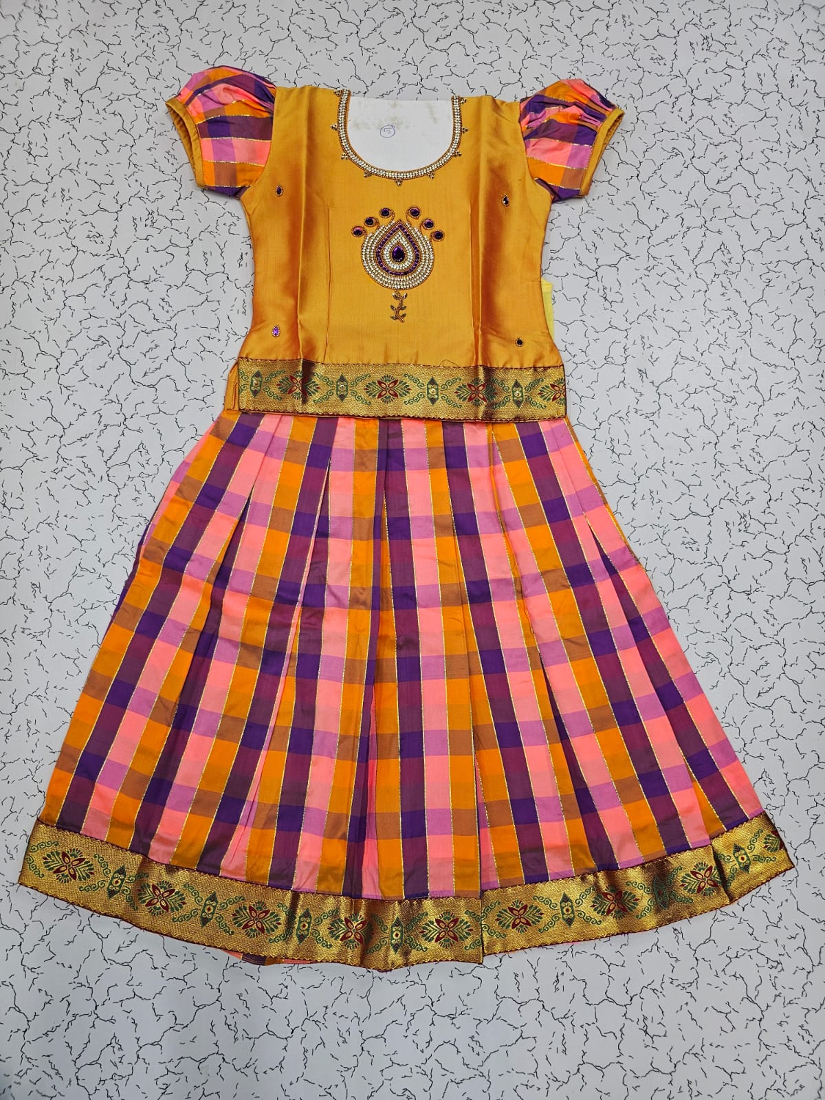 Kids mustard yellow top with pink orange purple Palum Palam checked skirt pattu pavadai – Sri Thulir Tex