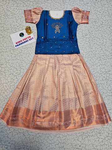 Kids Navy Blue Top with Peach Bridal Silk Pattu Pavadai Set