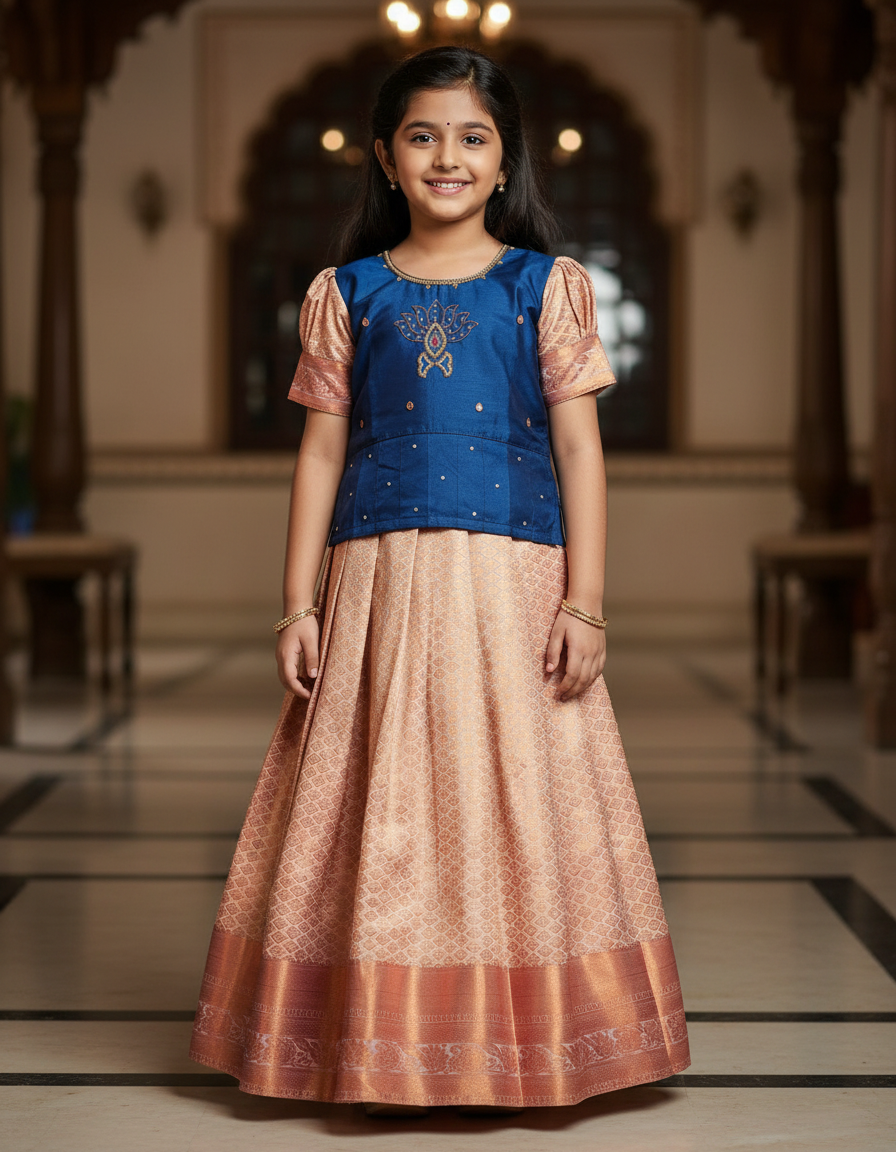 Kids Navy Blue Top with Peach Bridal Silk Pattu Pavadai Set