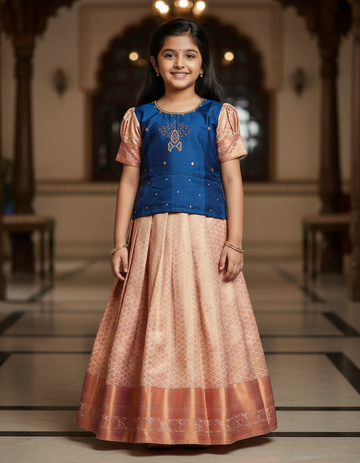 Kids Navy Blue Top with Peach Bridal Silk Pattu Pavadai Set