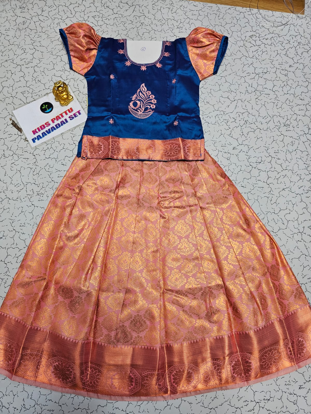 Kids navy blue top with pink bridal silk skirt pattu pavadai set by Sri Thulir Tex