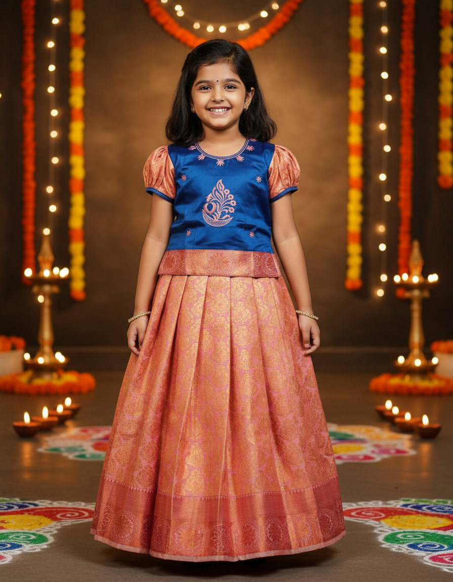 Kids navy blue top with pink bridal silk skirt pattu pavadai set by Sri Thulir Tex