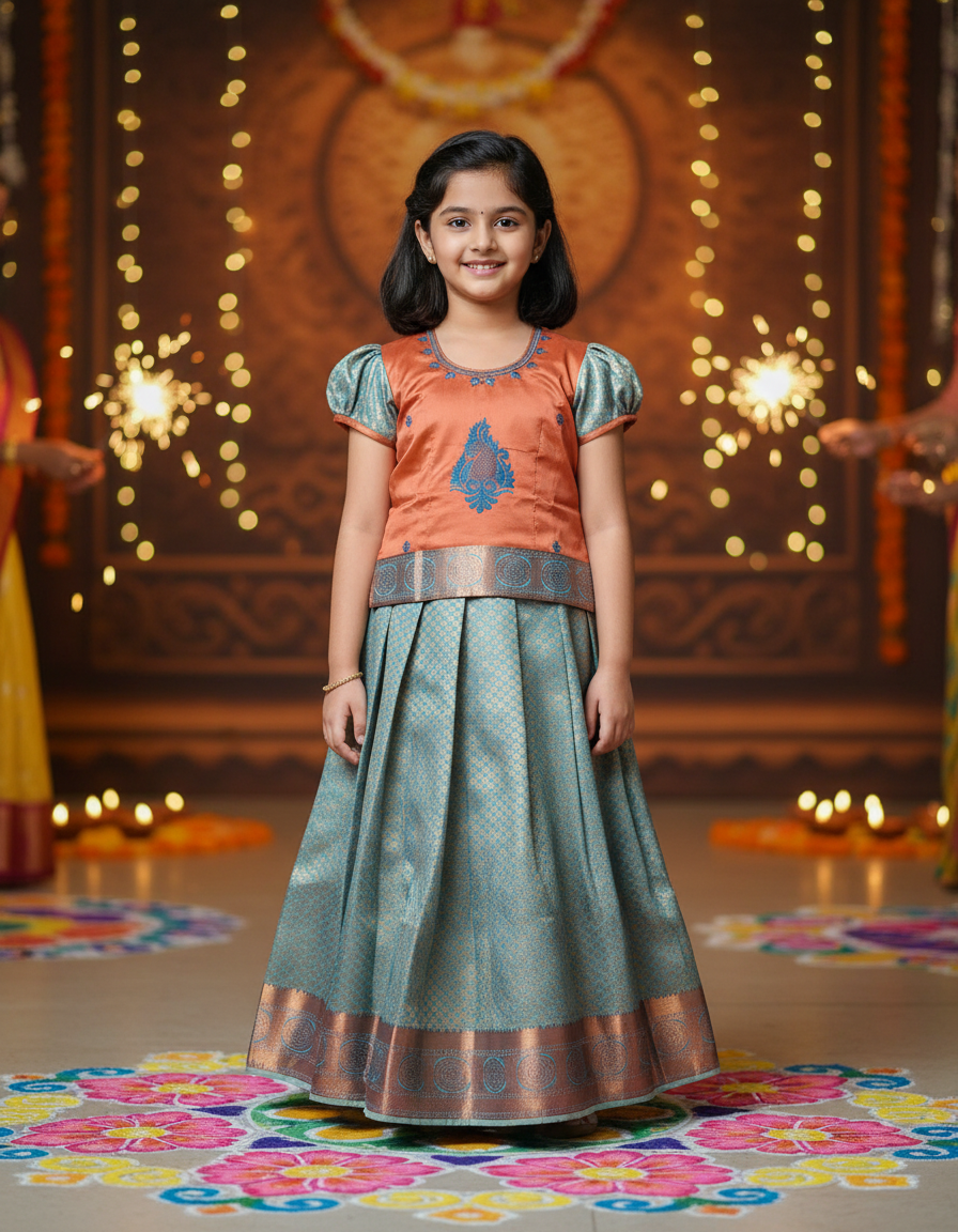 Kids orange and aqua blue pattu pavadai set with puff sleeve blouse and zari silk skirt from Sri Thulir Tex