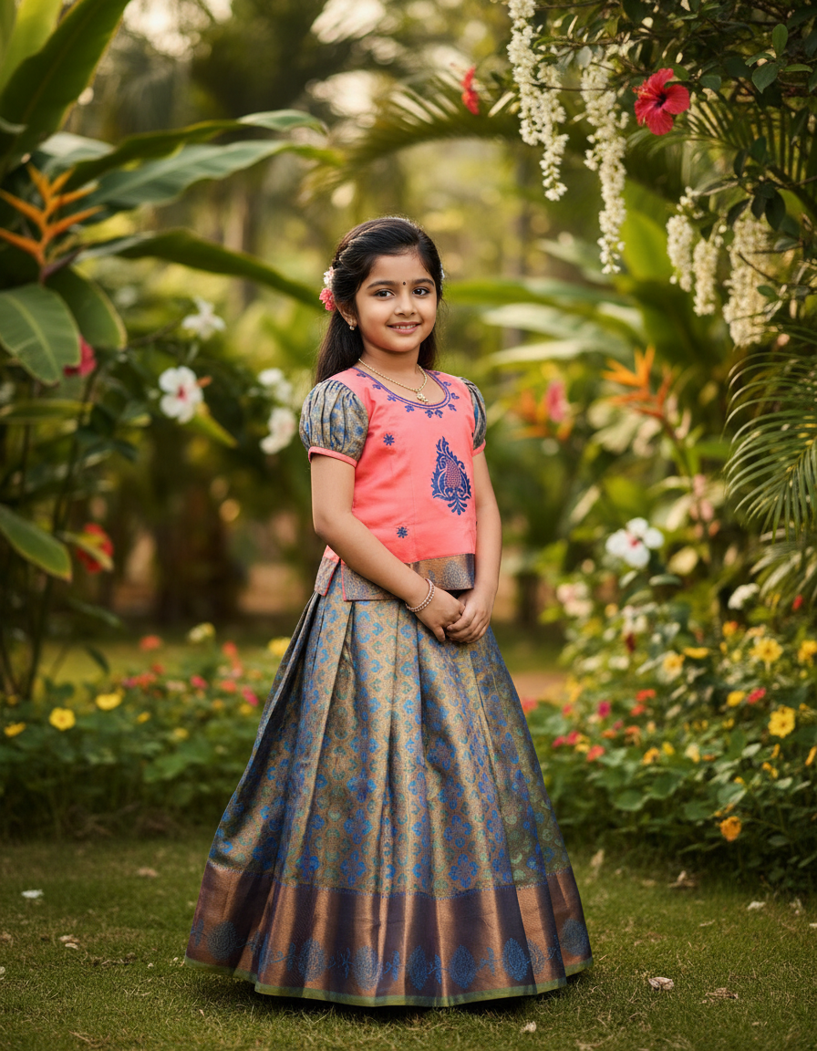 Kids peach and blue pattu pavadai set with puff sleeve blouse and zari woven bridal silk skirt from Sri Thulir Tex