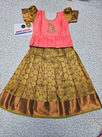 Kids peach semi-silk embroidered top with gold bridal silk pattu pavadai set by Sri Thulir Tex