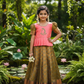 Kids peach semi-silk embroidered top with gold bridal silk pattu pavadai set by Sri Thulir Tex
