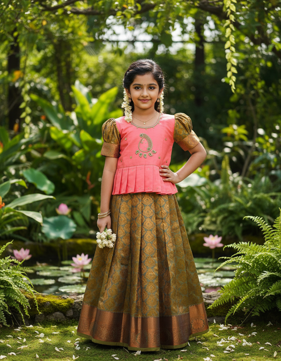 Kids peach semi-silk embroidered top with gold bridal silk pattu pavadai set by Sri Thulir Tex