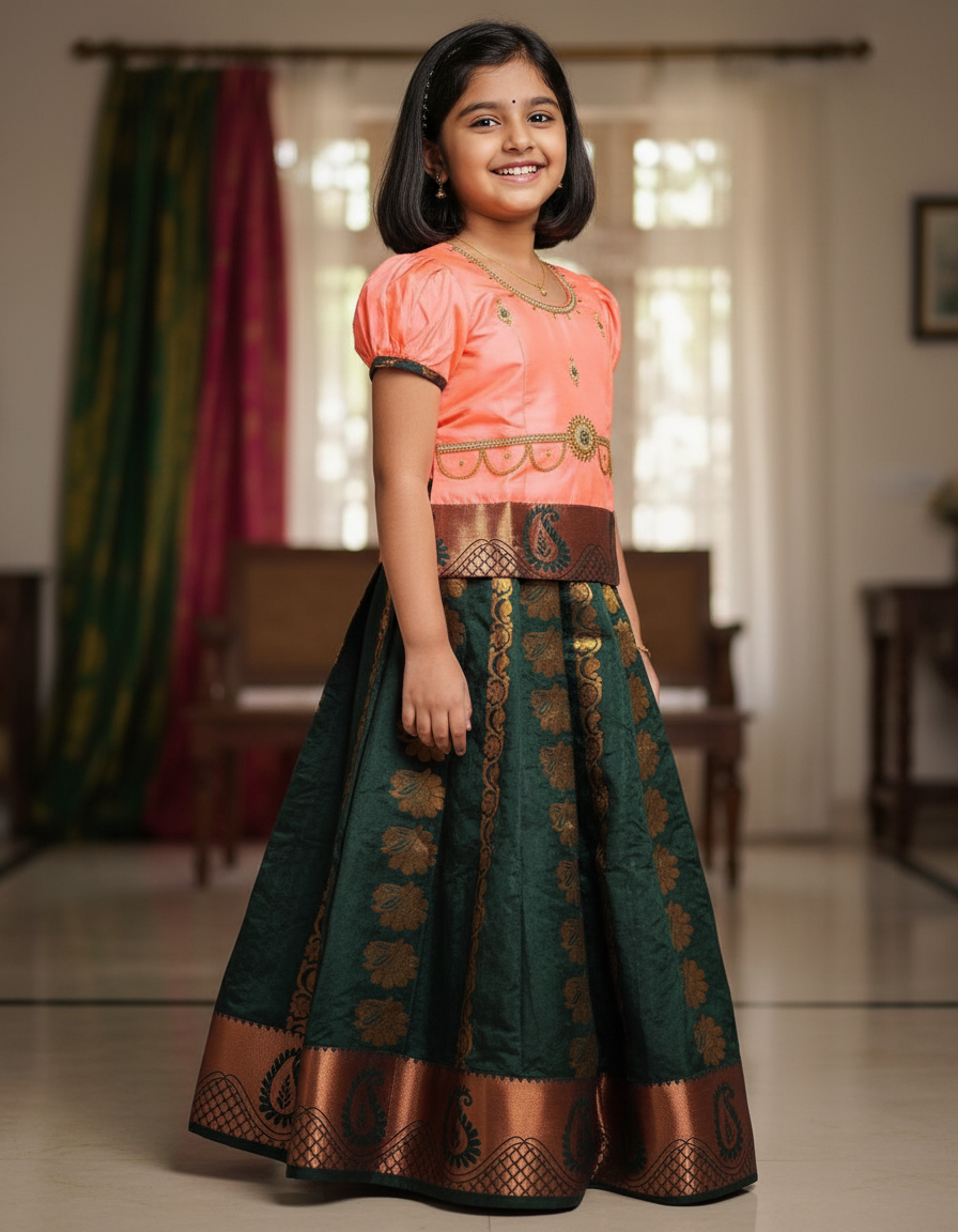Kids Pattu Pavadai set with peach top and dark green zari woven skirt from Sri Thulir Tex.