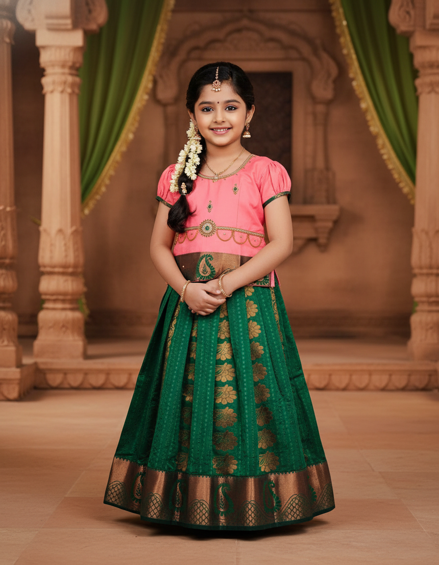 Kids Pattu Pavadai set with peach stone-work top and green zari woven skirt from Sri Thulir Tex.