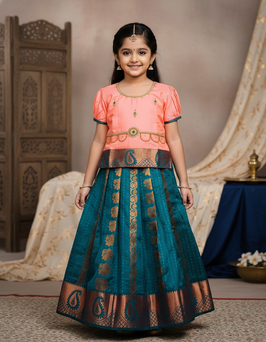 Kids Pattu Pavadai set with peach top and teal zari embroidered skirt from Sri Thulir Tex.