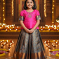 Kids pattu pavadai set with pink semi-silk top and blue bridal silk skirt from Sri Thulir Tex