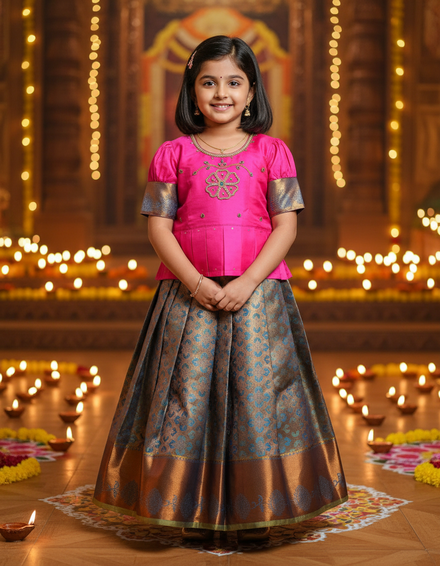 Kids pattu pavadai set with pink semi-silk top and blue bridal silk skirt from Sri Thulir Tex