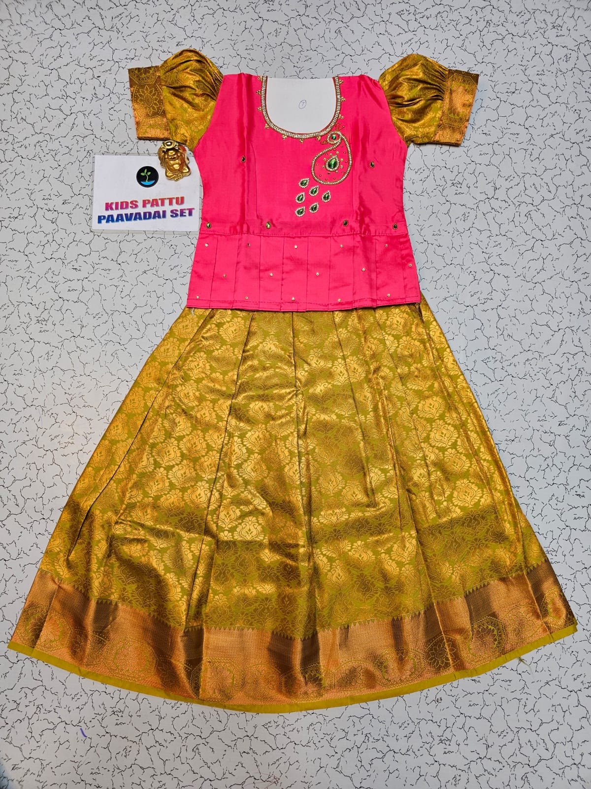 Kids Pink and Gold Pattu Pavadai Set with Semi Silk Top and Bridal Silk Skirt – Traditional South Indian Dress