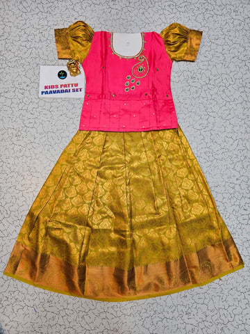 Kids Pink and Gold Pattu Pavadai Set with Semi Silk Top and Bridal Silk Skirt – Traditional South Indian Dress