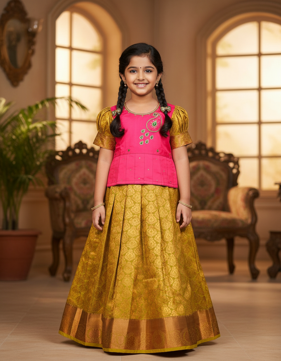 Kids Pink and Gold Pattu Pavadai Set with Semi Silk Top and Bridal Silk Skirt – Traditional South Indian Dress