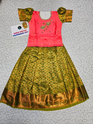 Kids Pink Top with Green Bridal Silk Pattu Pavadai Set