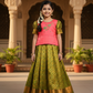 Kids Pink Top with Green Bridal Silk Pattu Pavadai Set