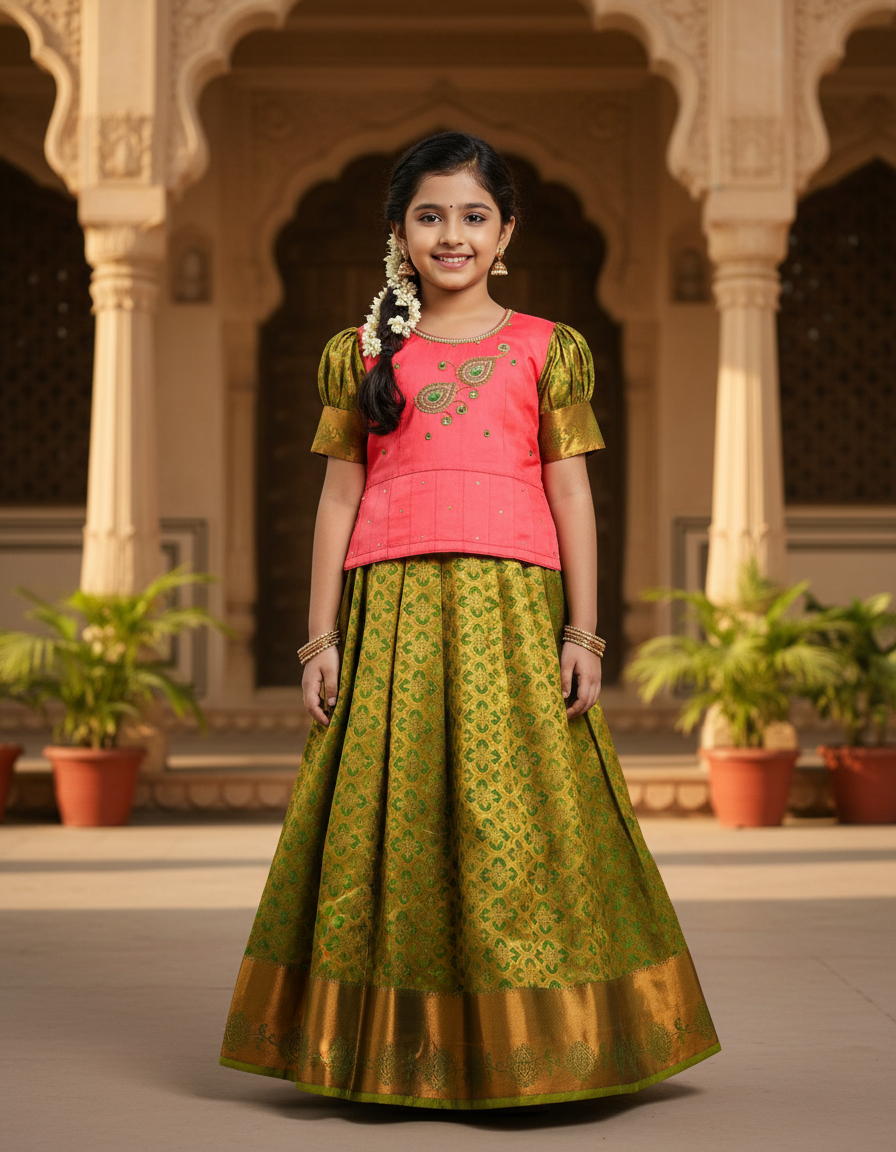 Kids Pink Top with Green Bridal Silk Pattu Pavadai Set