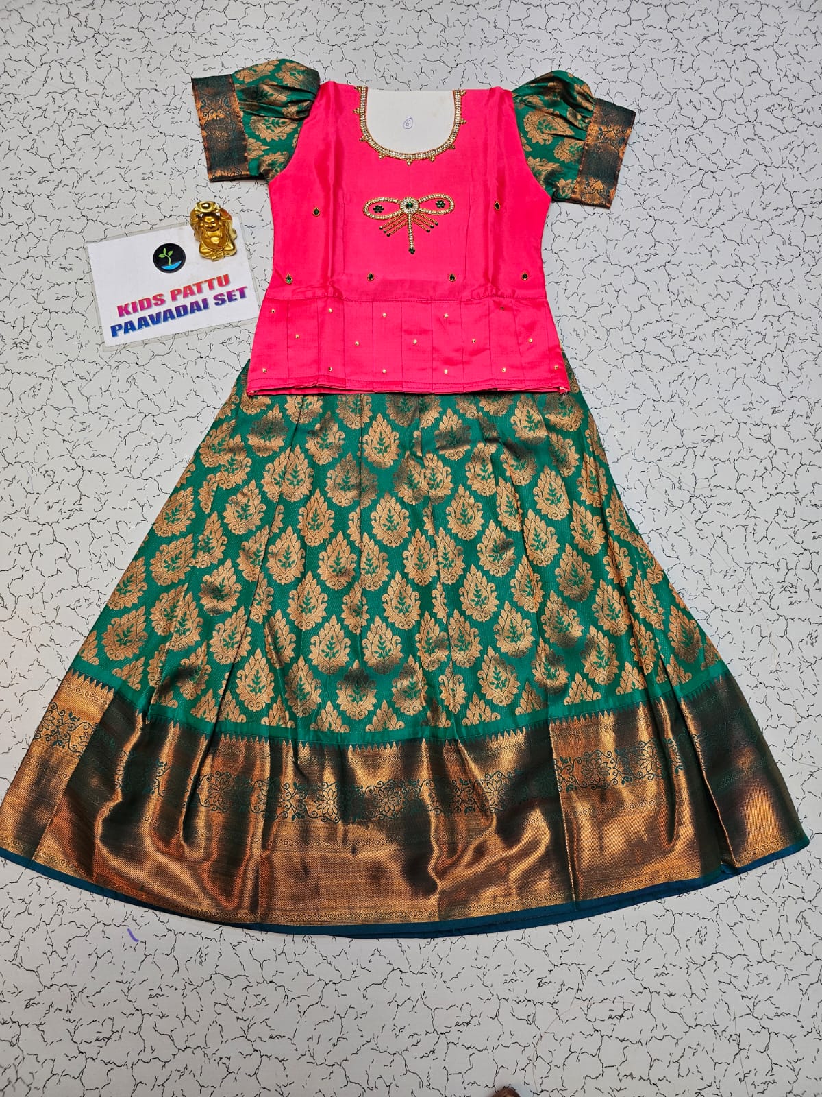 Kids Pink and Green Pattu Pavadai Set with Semi Silk Top and Bridal Silk Skirt – Traditional South Indian Dress