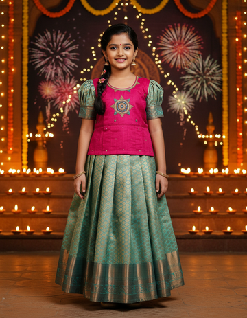 Kids pattu pavadai set with pink stone work blouse and green silk skirt by Sri Thulir Tex