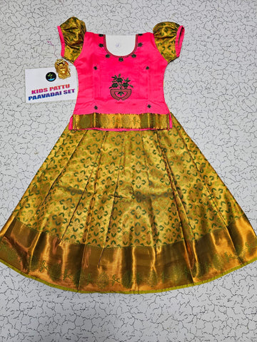 Kids pink and green pattu pavadai set with puff sleeve blouse and zari silk skirt from Sri Thulir Tex