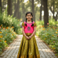 Kids pink and green pattu pavadai set with puff sleeve blouse and zari silk skirt from Sri Thulir Tex