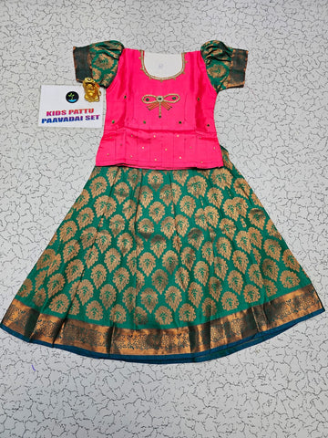 Kids Pink and Green Pattu Pavadai Set with Semi Silk Top and Bridal Silk Skirt – Traditional South Indian Dress