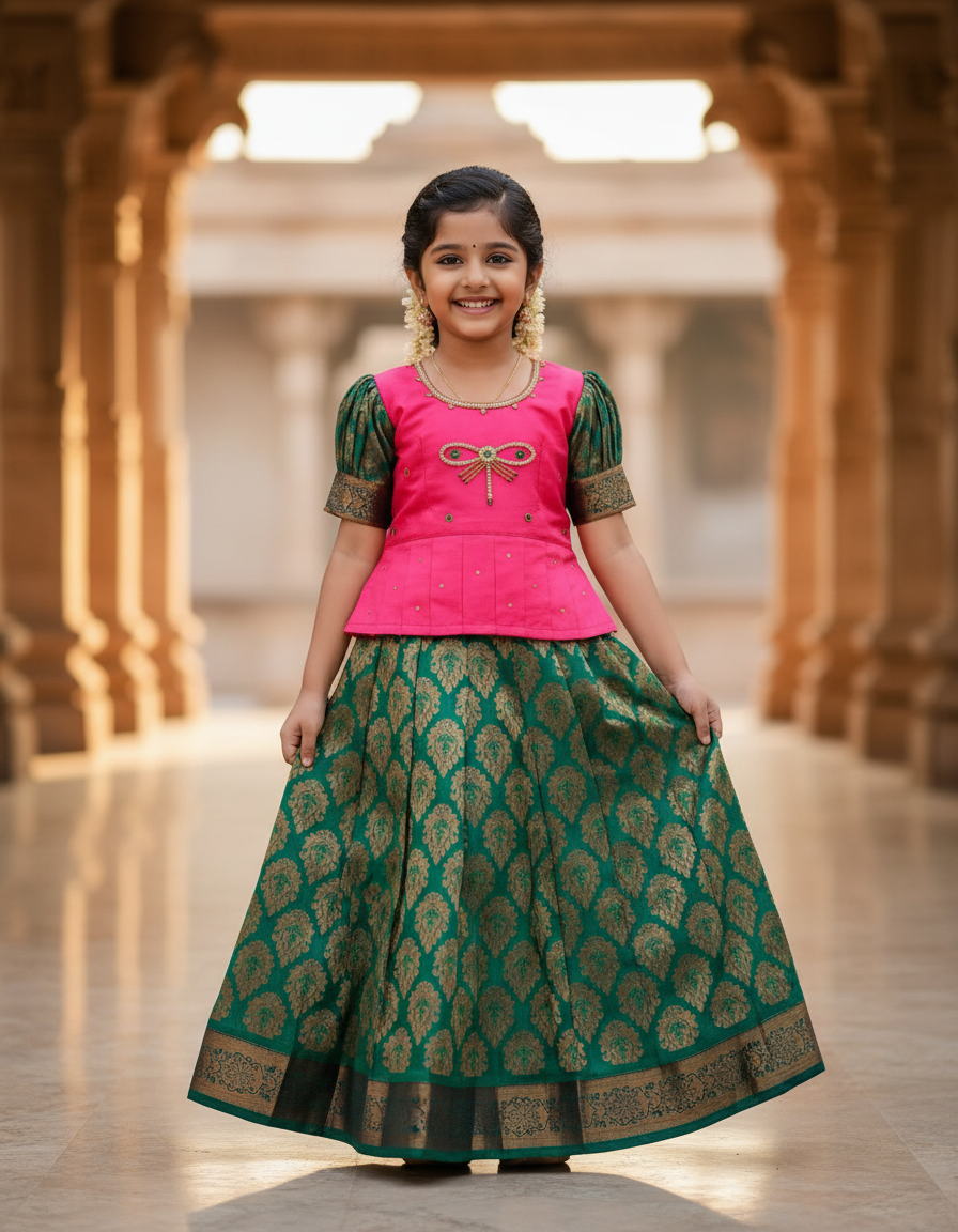 Kids Pink and Green Pattu Pavadai Set with Semi Silk Top and Bridal Silk Skirt – Traditional South Indian Dress