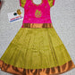 Kids pink and green pattu pavadai set with puff sleeve blouse and zari silk skirt from Sri Thulir Tex