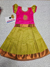 Kids pink and green pattu pavadai set with puff sleeve blouse and zari silk skirt from Sri Thulir Tex