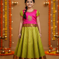 Kids pink and green pattu pavadai set with puff sleeve blouse and zari silk skirt from Sri Thulir Tex