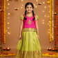 Kids pink and lemon green pattu pavadai set with puff sleeves and zari woven silk skirt from Sri Thulir Tex