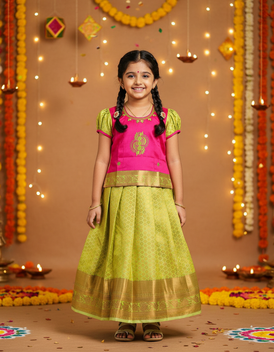 Kids pink and lemon green pattu pavadai set with puff sleeves and zari woven silk skirt from Sri Thulir Tex