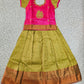 Kids pink and light green pattu pavadai set with puff sleeve blouse and zari silk skirt from Sri Thulir Tex