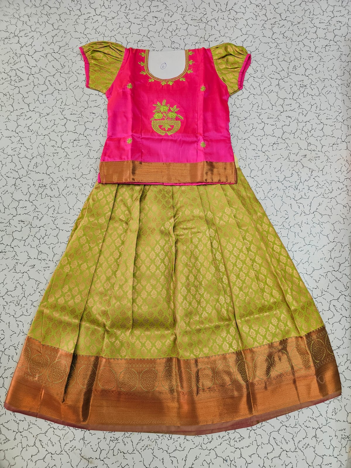 Kids pink and light green pattu pavadai set with puff sleeve blouse and zari silk skirt from Sri Thulir Tex
