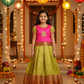 Kids pink and light green pattu pavadai set with puff sleeve blouse and zari silk skirt from Sri Thulir Tex