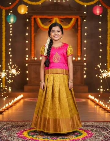 Kids pink and mustard gold pattu pavadai set with puff sleeves and zari woven silk skirt from Sri Thulir Tex