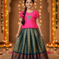 Kids pink semi silk top with peacock green bridal silk pattu pavadai set by Sri Thulir Tex