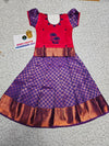 Kids pink and purple pattu pavadai set with puff sleeve blouse and zari silk skirt from Sri Thulir Tex