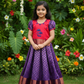 Kids pink and purple pattu pavadai set with puff sleeve blouse and zari silk skirt from Sri Thulir Tex