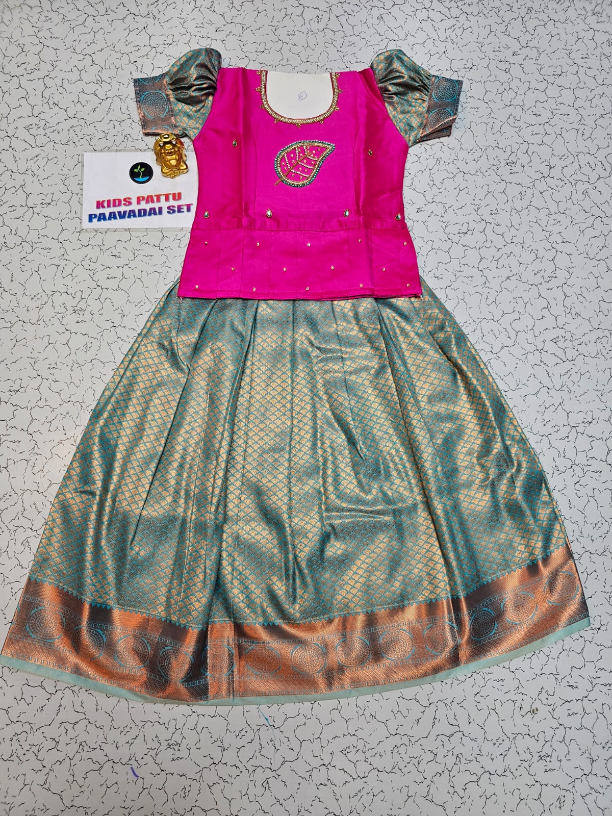 Kids Pink and Teal Pattu Pavadai Set with Semi Silk Top and Bridal Silk Skirt – Traditional South Indian Dress