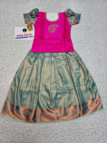 Kids Pink and Teal Pattu Pavadai Set with Semi Silk Top and Bridal Silk Skirt – Traditional South Indian Dress