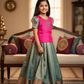 Kids Pink and Teal Pattu Pavadai Set with Semi Silk Top and Bridal Silk Skirt – Traditional South Indian Dress