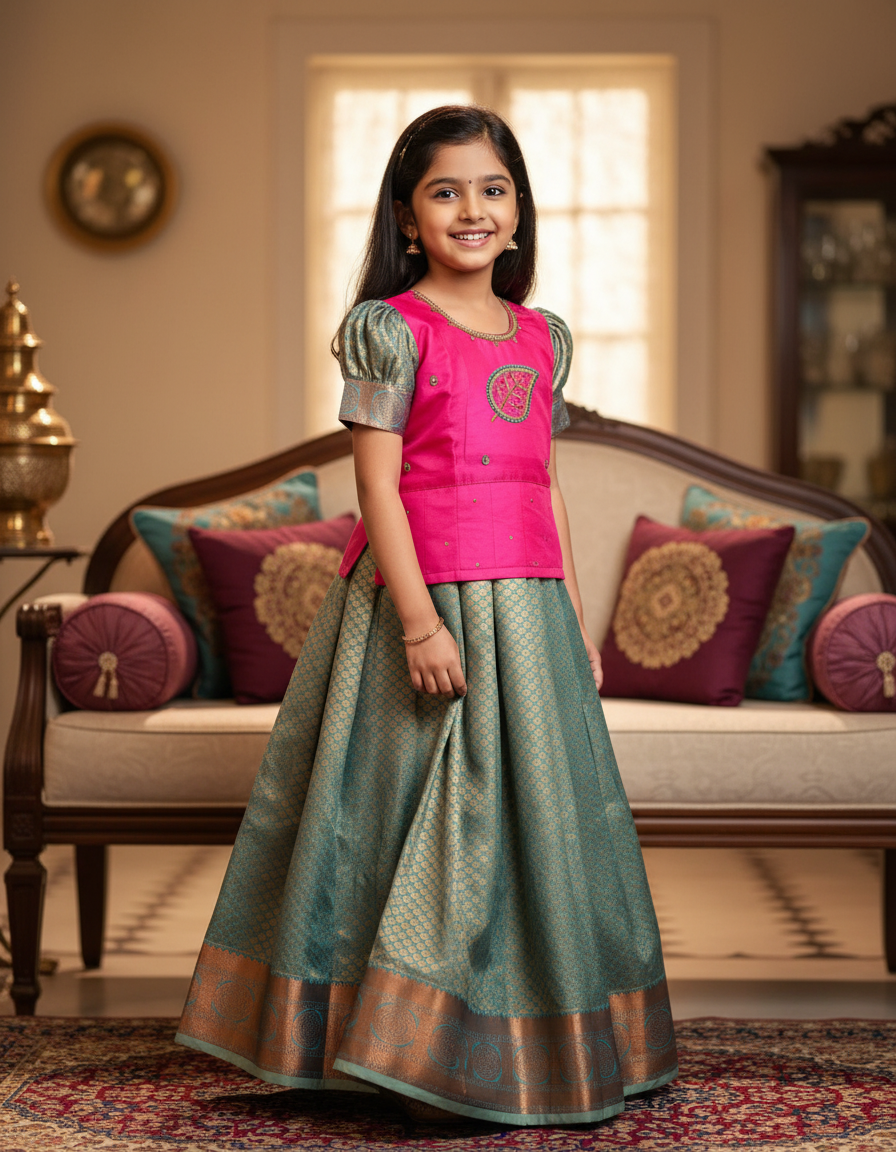Kids Pink and Teal Pattu Pavadai Set with Semi Silk Top and Bridal Silk Skirt – Traditional South Indian Dress