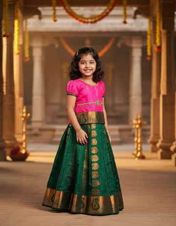 Kids pattu pavadai with pink top and dark green emboss skirt – Sri Thulir Tex